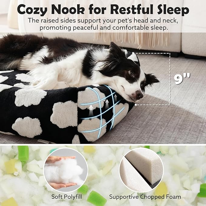 JOEJOY XL Dog Beds Large Sized Dog, Rectangle Washable Orthopedic Pet Bed with Removable Zipper Cover, Cute Soft Calming Puppy Pet Bed with Jacquard Shaggy Plush & Non Skid Bottom