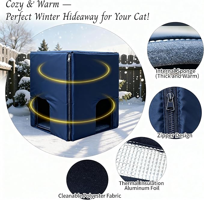 Weatherproof Outdoor Cat House with Insulated Liner for Feral Cat, Plastic Elevated Cat Shelter with Escape Door, Easy Assemble, Expansive Interior‌ Grey 22.0" L x 21.0" W x 16.0" H