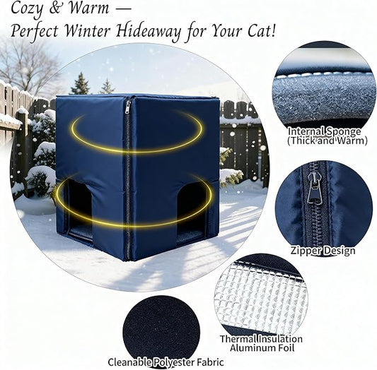 Plastic Outdoor Cat House with Insulated Liner Heating Mat Weatherproof for Feral Cat, Elevated Cat Shelter with Escape Door, Easy Assemble, Expansive Interior‌ Grey 27.0" L x 27.0" W x 21.0" H