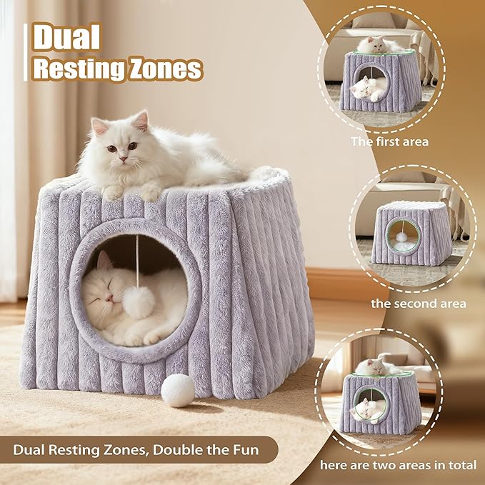 Indoor Cat House - Large Cat Bed Cave with Fluffy Balls and Scratch Pads, Foldable House and Apartment with Pads, Suitable for Multiple Cats (Grey, Large)