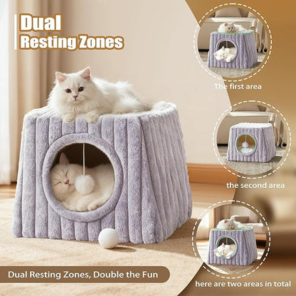 Indoor Cat House - Large Cat Bed Cave with Fluffy Balls and Scratch Pads, Foldable House and Apartment with Pads, Suitable for Multiple Cats (Grey, Large)