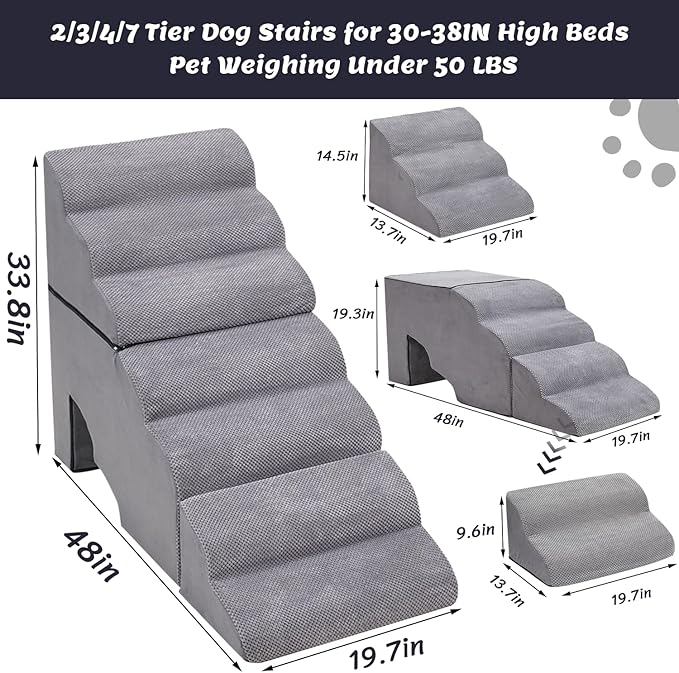 MALOROY Dog Stair for High Beds 36 inches Tall, 33D Foam Dog Ramp for Bed 32 inches, 7-Step Pet Stair Steps for Small Large Dogs for Bedsides Climbing, Non-Slip Doggie Steps for Older Dogs/Cats, Grey