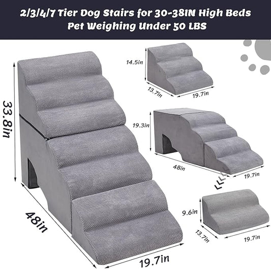 MALOROY Dog Stair for High Beds 36 inches Tall, 33D Foam Dog Ramp for Bed 32 inches, 7-Step Pet Stair Steps for Small Large Dogs for Bedsides Climbing, Non-Slip Doggie Steps for Older Dogs/Cats, Grey