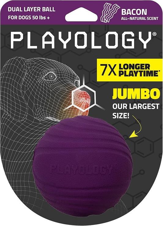 Playology Dog Toys | Dual Layer Ball Durable Chew Toy for Aggressive Chewers | Jumbo Bacon Scented Toy - Easy to Clean and Made from Non Toxic Materials