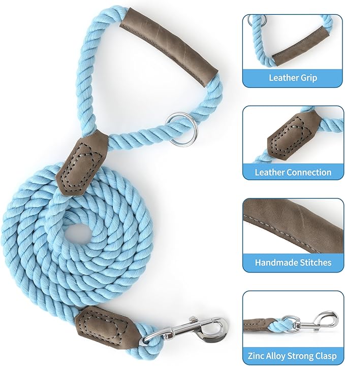 Mile High Life Dog Leash, Braided Cotton Rope Leashes with Leather Handle - Heavy Duty Metal Clasp, 6FT, 1/2" Thick - Wedding, Walking & Training Leash for Small Medium Large Dogs (Sky Blue)
