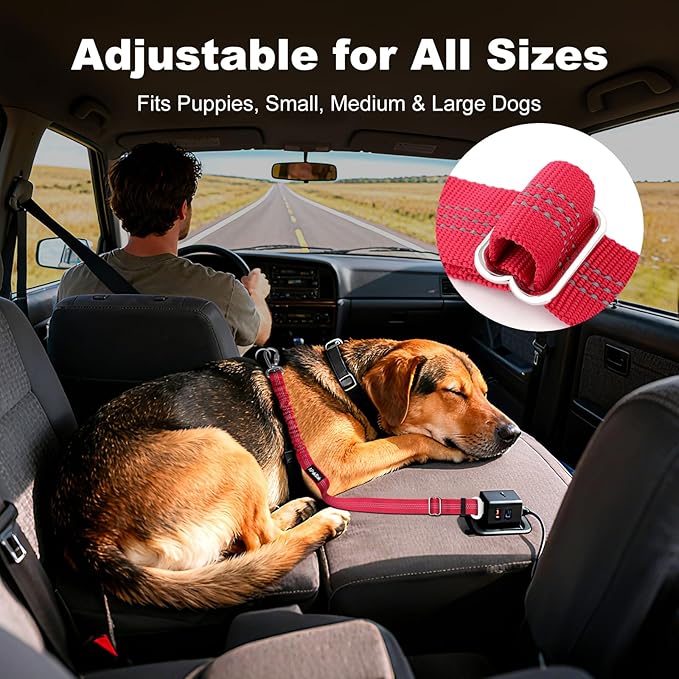 APakBak Dog Seat Belt for Car, Adjustable Dog Car Harness Seatbelt for Small Medium Large Dogs, Heavy Duty Travel Safety Restraint with Locking Aluminum Hook & Reflective Nylon Strap, Red