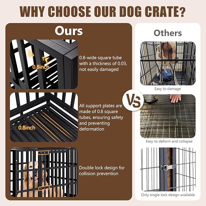 SHUSHIM 48 Inch Heavy Duty Dog Crate Kennel with Wheels, High Anxiety Indestructible Dog Crates for Large Dogs, XL XXL Extra Large Dog Crate with Removable Plastic Tray, Two Locks (Black, Square)