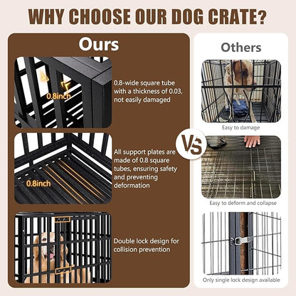 SHUSHIM 48 Inch Heavy Duty Dog Crate Kennel with Wheels, High Anxiety Indestructible Dog Crates for Large Dogs, XL XXL Extra Large Dog Crate with Removable Plastic Tray, Two Locks (Black, Square)