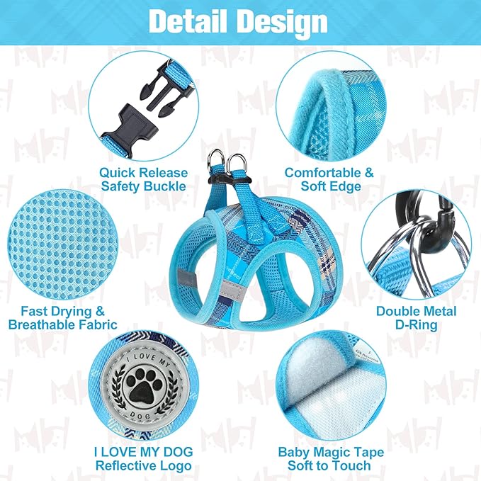 BEAUTYZOO Small Dog Harness and Leash Set,Step in No Choke No Pull Soft Mesh Dog Harnesses Reflective for Extra-Small/Small Medium Puppy Dogs and Cats, Plaid Dog Vest Harness for XS S Pets, Blue XXS