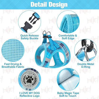 BEAUTYZOO Small Dog Harness and Leash Set,Step in No Choke No Pull Soft Mesh Dog Harnesses Reflective for Extra-Small/Small Medium Puppy Dogs and Cats, Plaid Dog Vest Harness for XS S Pets, Blue XXS