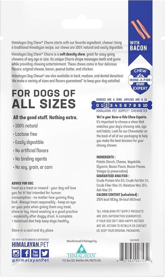 Himalayan Dog Chew Churro Yak Cheese Dog Chews, 100% Natural, Long Lasting, Gluten Free, Healthy & Safe Dog Treats, Lactose & Grain Free, Protein Rich, For All Breeds, Soft, Real Bacon Flavor, 4 Pack