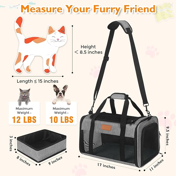 PETUX Airline Approved Pet Carrier - 17x11x9.5 in, Underseat, Top & Side Entry, Soft Sided Cat Dog Carrier for Small Cat & Dog Up to 12 lbs with Anti-Scratch Mesh & Litter Box for Travel & Vet - Grey