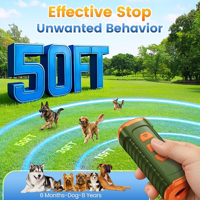 Dog Bark Deterrent Device 3X Anti Barking Device for Dogs, 5 Modes Stop Neighbors Dog Barks No More Safe for All Dogs 50FT Bark Control Indoor Outdoor with Flashlight,Rechargeable Training Device