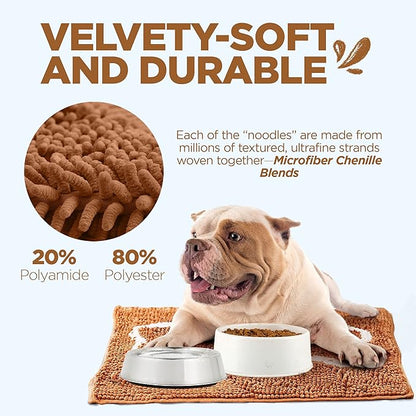 Soggy Doggy Slopmat - Caramel Brown/Oatmeal Bone - 18” x 24″ - Water Absorbing Door Mat for Muddy Paws and Food/Water Bowls - Microfiber Chenille Small Doormat - Machine Washable