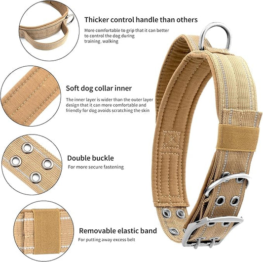 Annchwool Tactical Dog Collar for Medium and Large Dog,Adjustable Military Dog Collar with Soft Padded Handle,Heavy Duty Double Buckle Design (Brown,L)