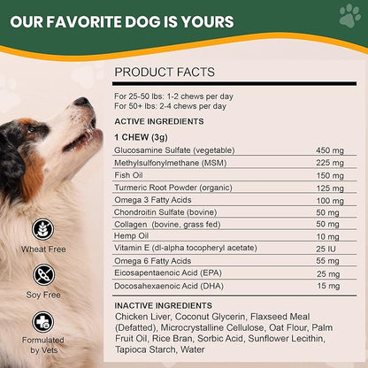 Veterinary Naturals Hemp & HIPS Joint Supplement for Dogs/Supports Relief from Hip and Joint Pain in Large, Aging Dogs (Regular, Rotisserie Chicken)