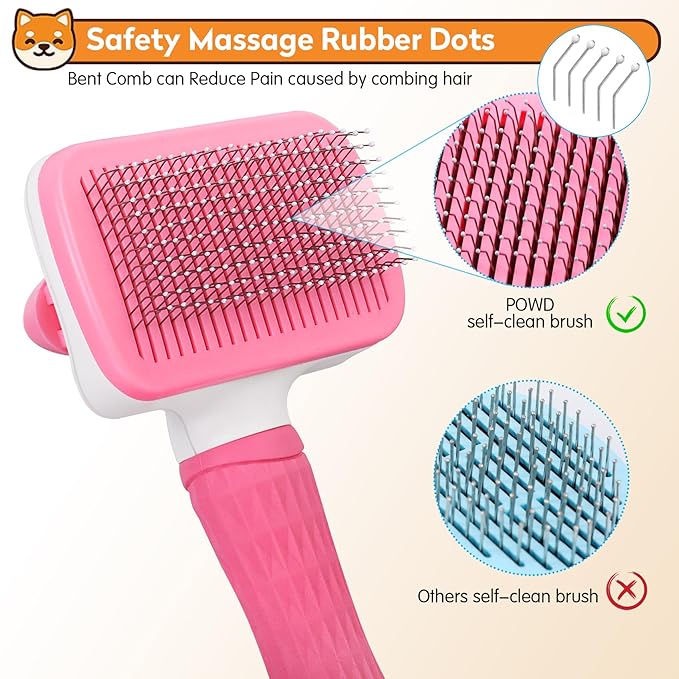 PWOD Dog & Cat Brush, Self Cleaning Slicker Brush for Pets, Upgraded Dog Brush for Shedding Massaging and Grooming, Removes Loose Undercoat & Portable Comb for Long Short Haired Dogs(Pink)