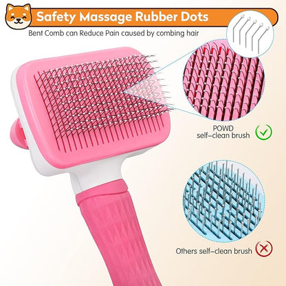 PWOD Dog & Cat Brush, Self Cleaning Slicker Brush for Pets, Upgraded Dog Brush for Shedding Massaging and Grooming, Removes Loose Undercoat & Portable Comb for Long Short Haired Dogs(Pink)