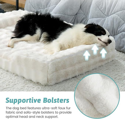 COZY KISS Orthopedic Dog Bed for Large Size Dog, Soft and Warm Faux Fur Extra Large Sofa for Pet Up to 100 lbs, Foam Bolster Anti-Slip Couch with Washable Removable Cover, XL 44x32x7 inch, Beige