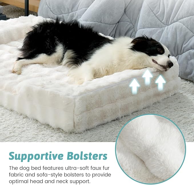 COZY KISS Orthopedic Dog Bed for Extra Large Dog, Soft and Warm Faux Fur Sofa for Giant Pet Up to 150 lbs, Foam Bolster Anti-Slip Couch with Washable Removable Cover, XXL 48x35x8 inch, Beige