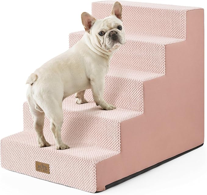 COZY KISS Dog Stairs for Small Dogs 5-Step, 19.7" Extra Wide Right-Angle Pet Stairs for Couch and Beds, Anti-Slip Dog Steps for Old Cats and Lowrider, 19.7x29.5x23.6 inch, Pink