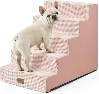 COZY KISS Dog Stairs for Small Dogs 5-Step, 19.7" Extra Wide Right-Angle Pet Stairs for Couch and Beds, Anti-Slip Dog Steps for Old Cats and Lowrider, 19.7x29.5x23.6 inch, Pink