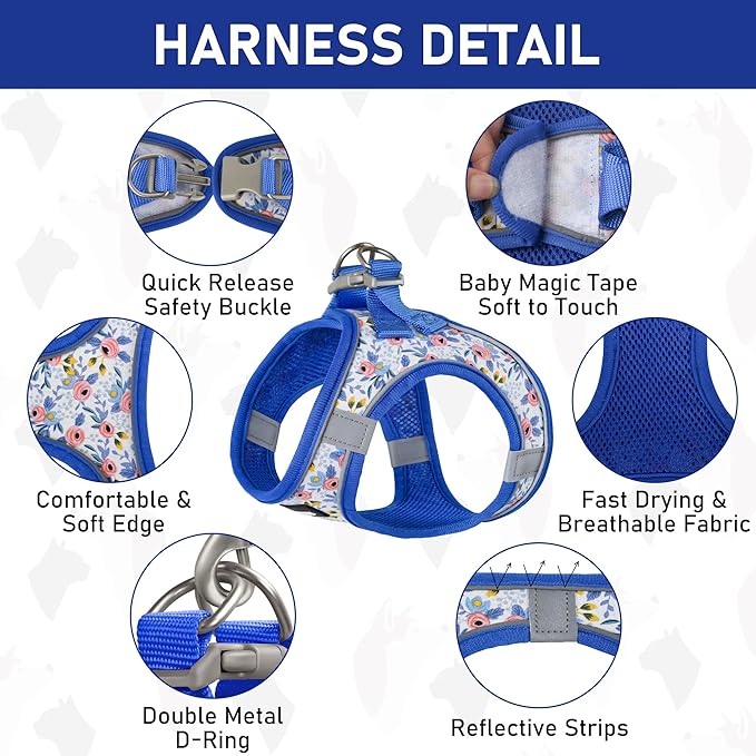 GAMUDA Small Dog Harness Collar and Leash Set, Step in No Chock No Pull Soft Mesh Adjustable Dog Vest Harnesses Plaid Reflective for Dogs Puppy Cats Kitten Rabbit (Blue Flower, XS)