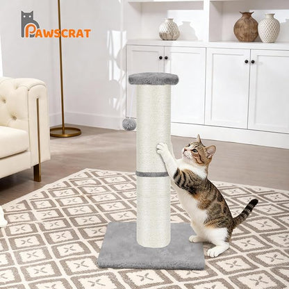 PAWSCRAT Cat Scratching Post 32" Tall, Large Diameter Natural Sisal Cat Scratch Post with Dangling Ball for Indoor Cats, Scratch-Resistant Durable and Protect Your Furniture, LightGrey