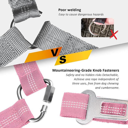 Removable Dog Seat Belt Harness for Car, 3 in 1 Pet Dog Car Seatbelt Leash, Retractable Restraint Secures to Vehicle Headrest & Adjustable Reflective Bungee Dog Seatbelt Tether, Pink