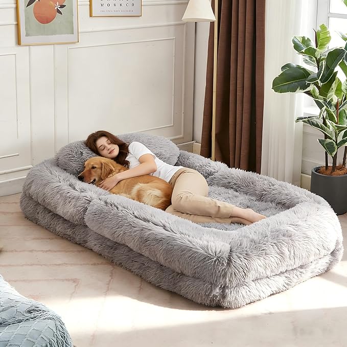 KEIKI 69" Upholstered Human Dog Bed for Adults, Foldable Plush Faux Fur Lazy Sofa Bed with 5 Adjustable Positions and a Pillow, Giant Human Size Dog Bed for People, Light Gray