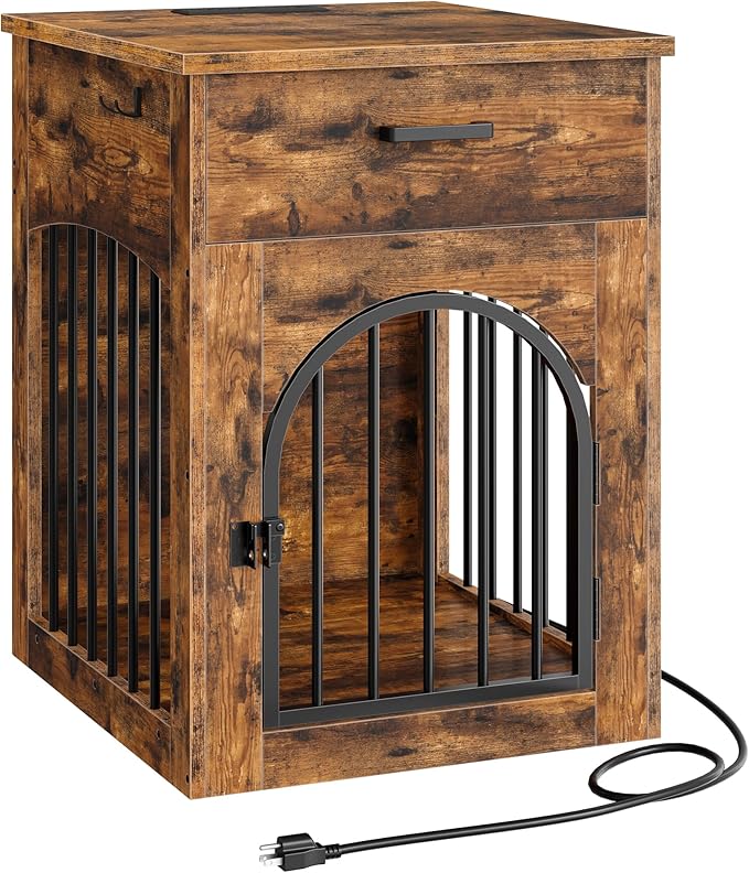 CHOEZON Dog Crate Furniture, Wooden Dog House with Charging Station and Storage Drawer, Indoor Pet Crate End Table for Small Breeds, for Living Room, Bedroom, Rustic Brown MGW01UFG