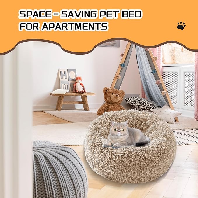 Comfort Donut Dog Bed for Small Dogs, Cat Bed & Pet Bed for Indoor Use, Medium Size with Soft Plush, Round Dog Beds for Large Dogs and Cats (Khaki, 20''Lx20''Wx8''Th)