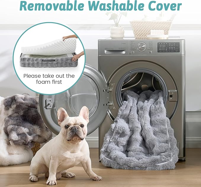 COZY KISS Orthopedic Dog Bed for Large Medium Size Dog, Soft and Warm Faux Fur Sofa for Pet Up to 75 lbs, Foam Bolster Anti-Slip Couch with Washable Removable Cover, L 36x27x6.5 inch, Grey