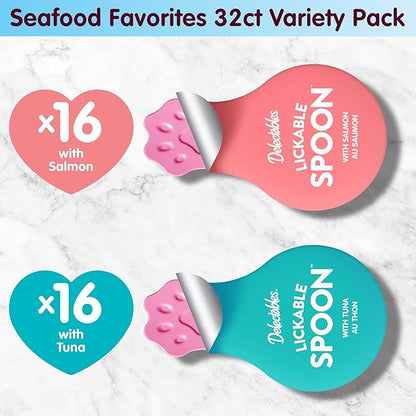 Delectables Lickable Spoon Handheld Wet Cat Treats Made with Real Salmon & Tuna, Creamy Puree, Mess Free, Quick & Easy, Grain-Free, No Added Fillers, No Added Preservatives, Variety Pack, 32ct