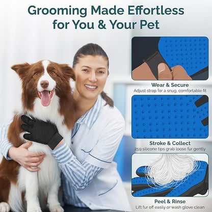 Pet Grooming Gloves for Dogs & Cats – Premium 259-Tip Deshedding & Massage Mitts, Easy-Peel Hair Removal, Adjustable Strap, 1 Pair (Blue/Pink) (Blue)