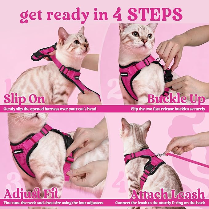 rabbitgoo Cat Harness and Leash for Walking, Escape Proof Soft Adjustable Vest Harnesses for Cats, Easy Control Breathable Reflective Strips Jacket, Rose Red,S