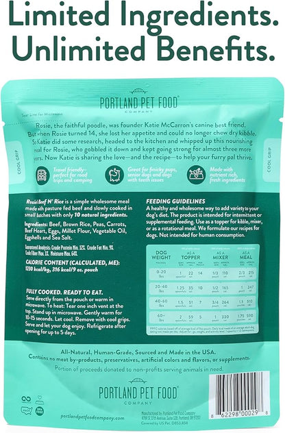 Portland Pet Food Company Fresh Dog Food Pouches - Human-Grade Toppers Wet Pet Meal & Mixers - Small & Large Breed Puppy & Senior Dogs - Gluten-Free, Limited Ingredient Rosie’s Beef N' Rice - 8 Pack