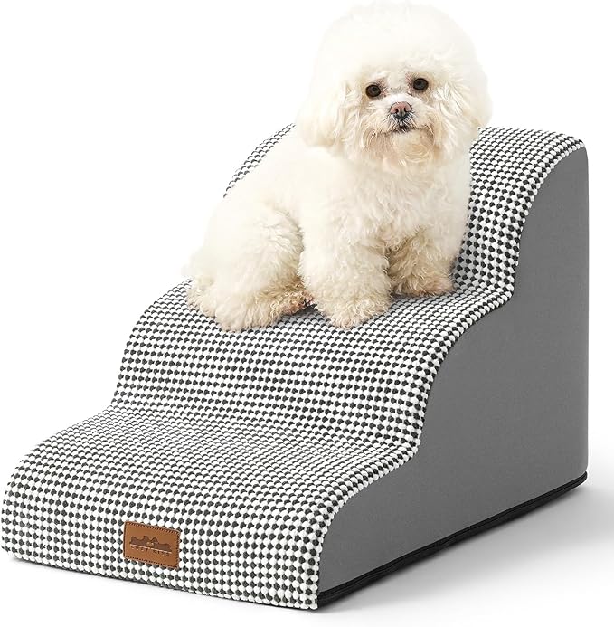 Dog Stairs for Small Dogs 15.7" H, Curved Dog Step for Puppy, Older Cat, Medium Pet Ramp for Sofa, Couch or Chair, Ladder with High Density Foam, 3 Step, 15.7x22.4x15.7 inch, White Black
