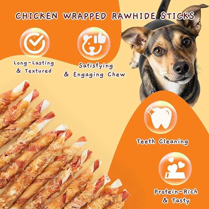 Jungle Calling Dog Treats, Natural Chicken Wrapped Rawhide Sticks for Small Medium Dogs, Long Lasting Dog Rawhide Chews for Teeth Cleaning, Grain Free Training Rewards, 1.10 lb