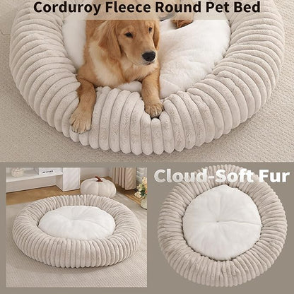 31.5“ Calming Dog Bed for Large Dog-Donut Dog Bed – Faux Rabbit Fur + Shredded Memory Foam & Polyester Fill, Ultra-Comfort Calming Round Pet Bed for Medium/Large Dogs, Easy Care