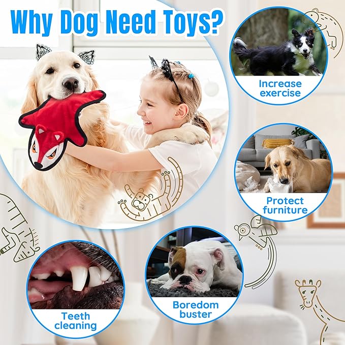 LECHONG No Stuffing Dog Squeaky Toys, Glowing Eyes Crinkle Plush Puppy Toys for Teething Chewing, 5pcs Flat Tough Dog Toys Set for Large Medium Small Dogs to Keep Them Busy