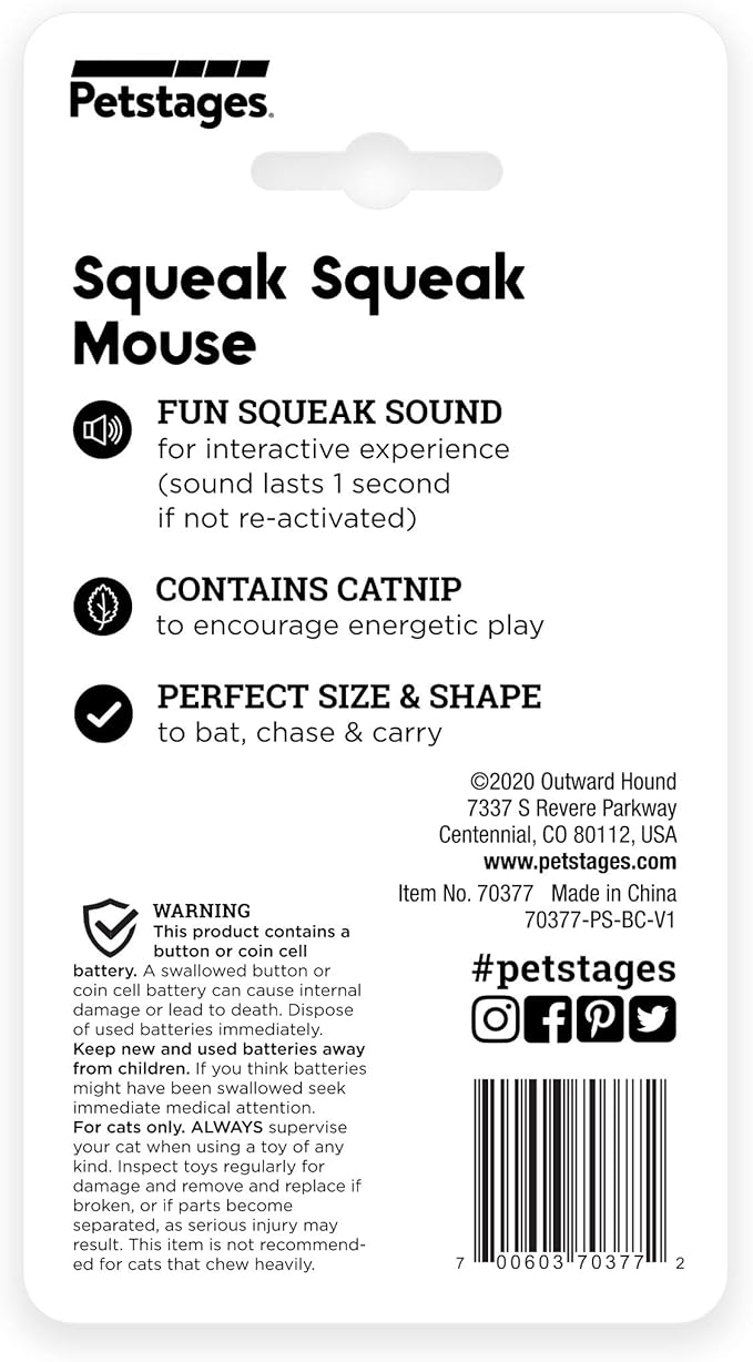 Catstages Squeak Squeak Mouse Cat Toy with Touch-Activated Sound & Catnip, Gray (Pack of 2)