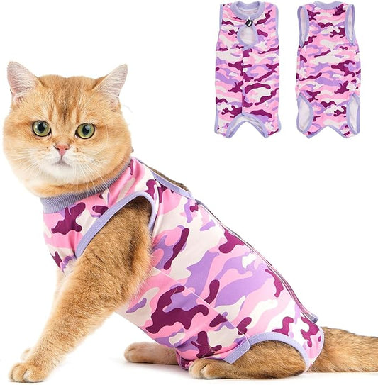 Avont Cat Recovery Suit - Kitten Onesie for Cats After Surgery, Cone of Shame Alternative Surgical Spay Suit for Female Cat, Post-Surgery or Skin Diseases Protection -Purplecamo(S)