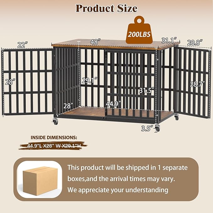 48 Inch Dog Crate Furniture, Heavy Duty Wooden Dog Kennel for Large Dogs, Chew Proof & Escape-Proof Indoor Dog Cage with TV Stand, for Anxious Dogs, Black Brown Cabinet