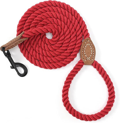 Mile High Life Braided Cotton Rope Dog Leash with Leather Tip - 6 Feet with Heavy Duty Metal Clasp - Wedding Dog Leash (Red, 72 Inches)