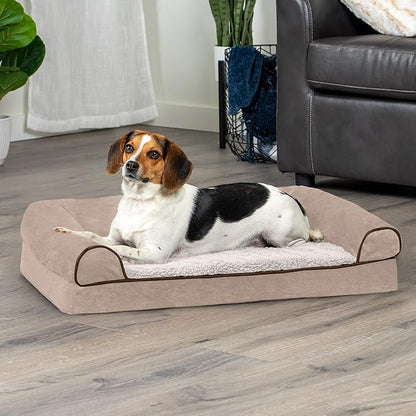 FurHaven Soft, Orthopedic Foam Sofa Dog Bed with Washable & Removable Cover - Sherpa/Chenille - Cream, Dogs Up to 35 lbs - Medium