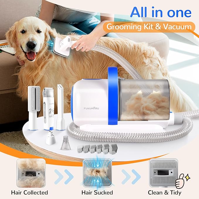 FUKUMARU Dog Grooming Vacuum & Pet Vacuum Grooming Kit, Pet Groom Tools for Dog Hair Shedding, 2L High-Capacity Cup, 6 Professional Tools with Dogs Nail Grinder and Cat Fur Clipper