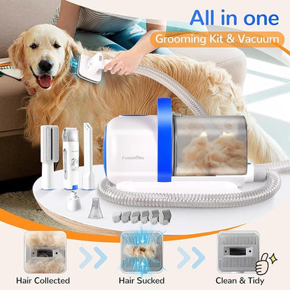 FUKUMARU Dog Grooming Vacuum & Pet Vacuum Grooming Kit, Pet Groom Tools for Dog Hair Shedding, 2L High-Capacity Cup, 6 Professional Tools with Dogs Nail Grinder and Cat Fur Clipper