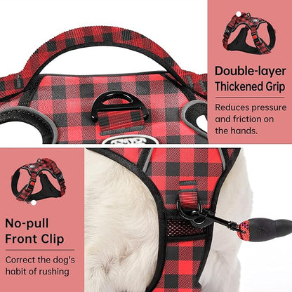 IVY&LANE No Pull Dog Harness with Leash Set, Reflective No Choke Pet Vest,Adjustable Oxford Dog Vest Harness with Easy Control Handle for Large Dogs (Checkered Red,XL)