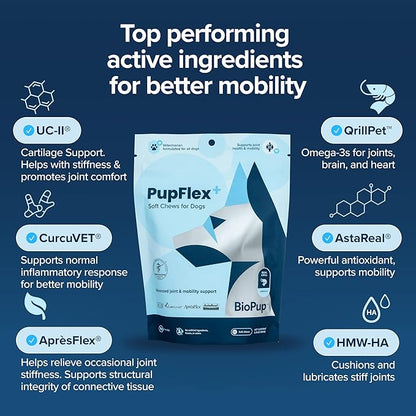 PupFlex+ Hip and Joint Supplement Dogs, Vet Created Soft Chews w/UC-II® Collagen, CurcuVET® & Omega 3 - UC-II Collagen More Effective Than Glucosamine Chondroitin, Dog Joint Supplement (60 ct)